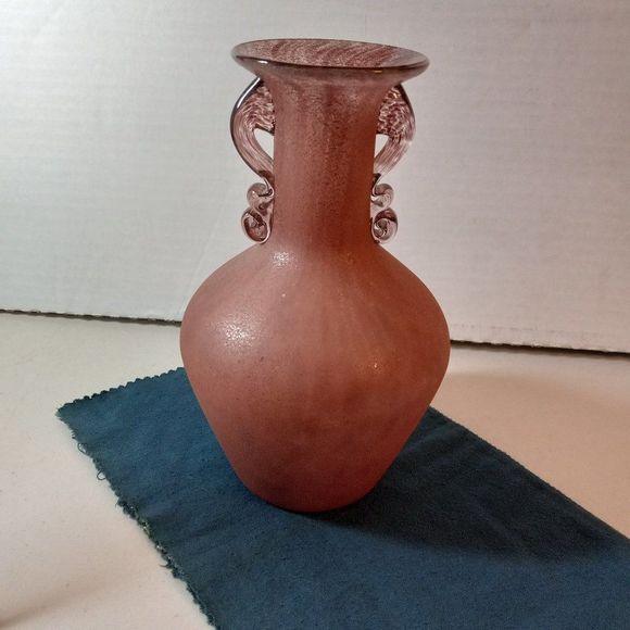 Glass Vase w/applied Folded Glass Handles Opaque Base Cottagecore Grandmacore - Picture 1 of 9